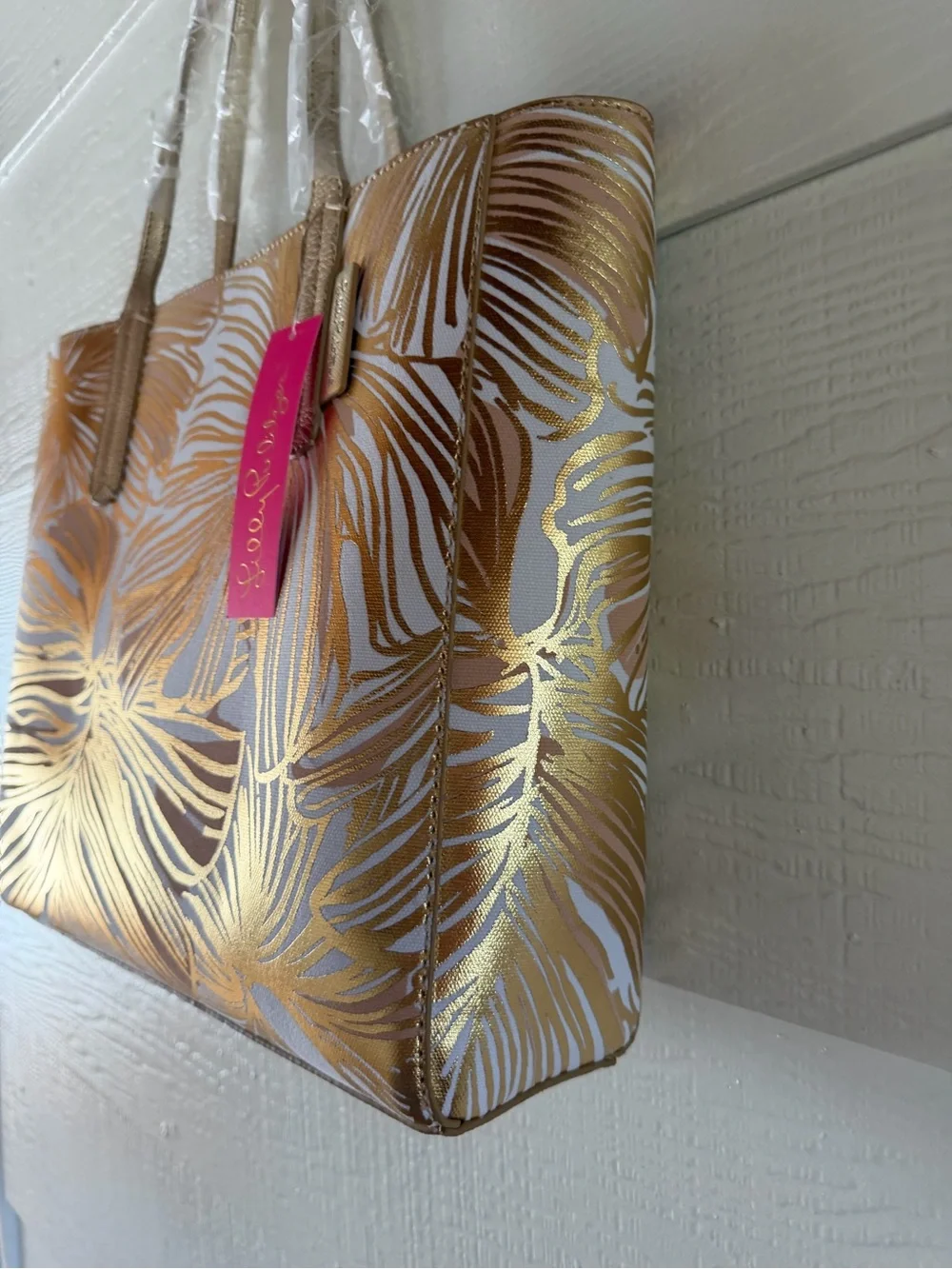 Lilly Pulitzer Surrey Reversible Tote Gold Metallic Fronds Place NWT
